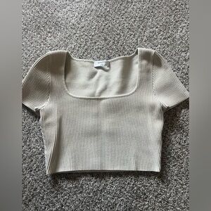 Babaton Light Beige Ribbed Crop Top